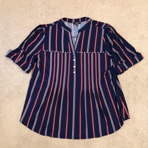 Cocomo Tops - Cocomo Henley Georgette Flare Blouse Womens 1X Dark Blue Red White Stripe Casual